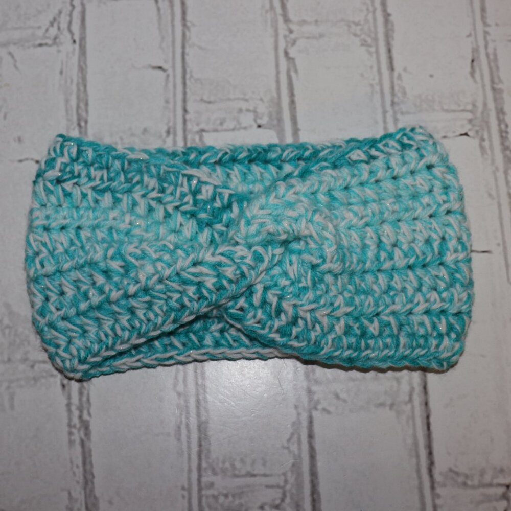 ✨ Aqua + White Crochet Headband – Handmade · One Size
